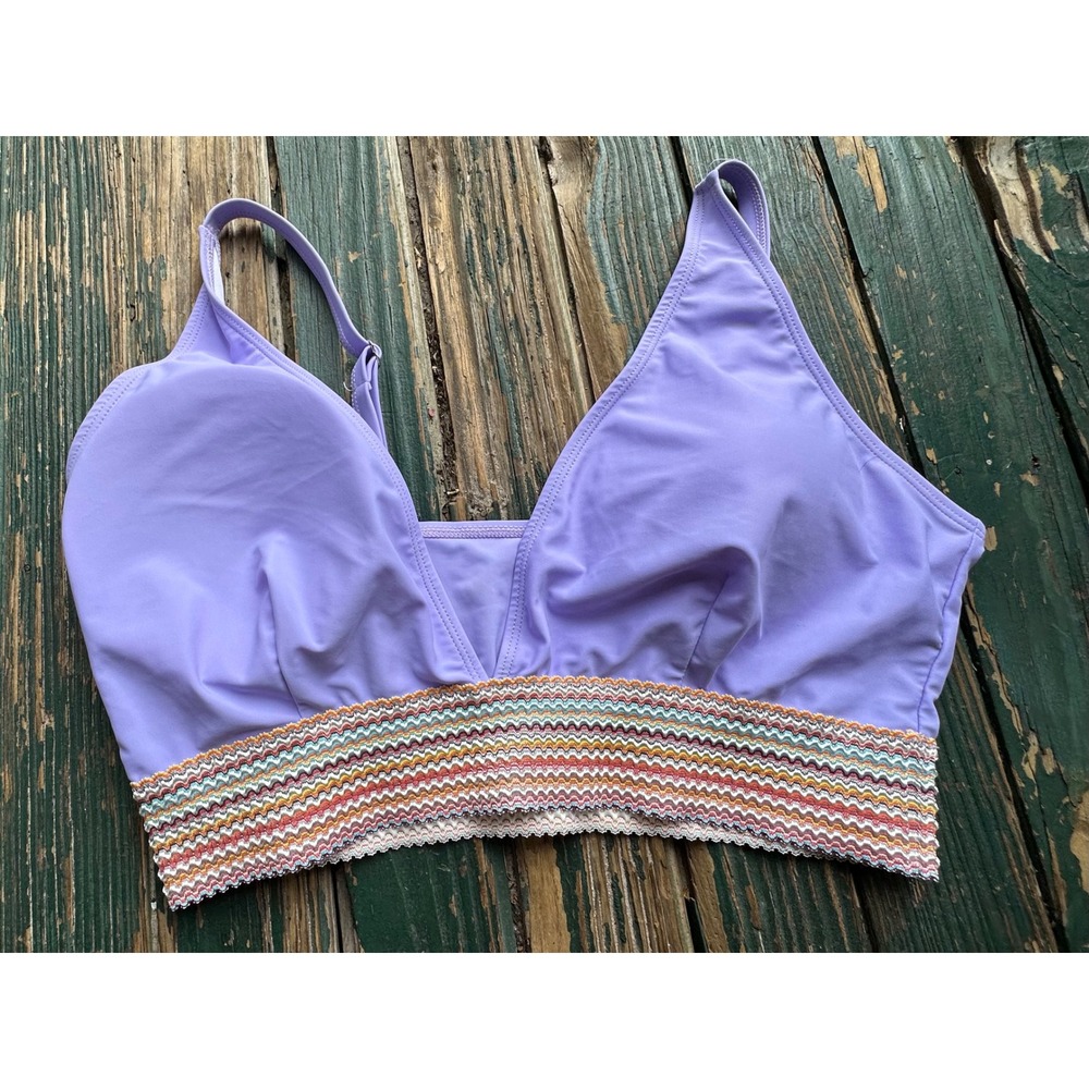 Lavender Purple V-Neck Bikini Top with Multi-Color Chevron Band XXL
